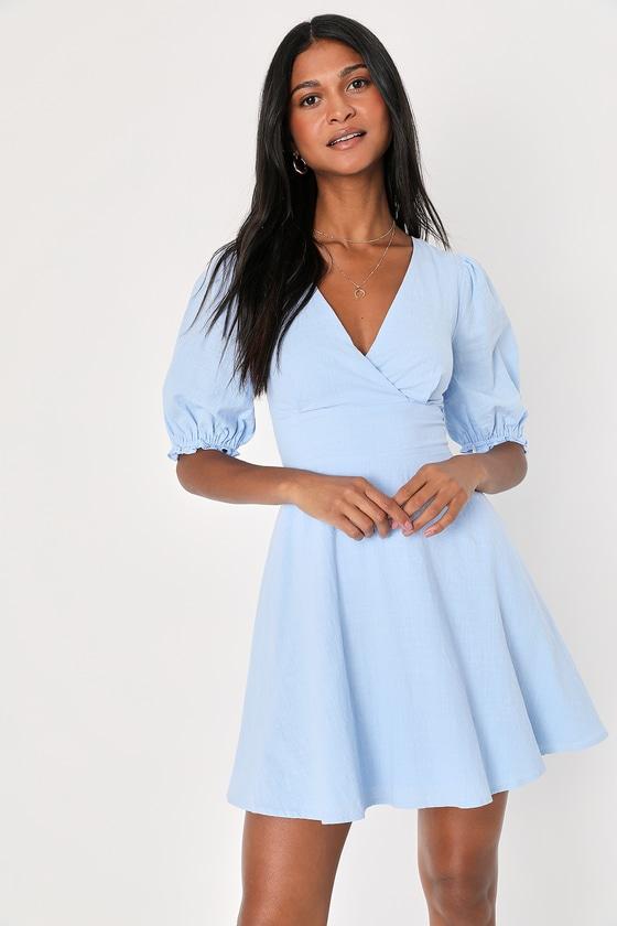 Dreaming of Paris Blue Puff Sleeve Mini Dress With Pockets Product Image