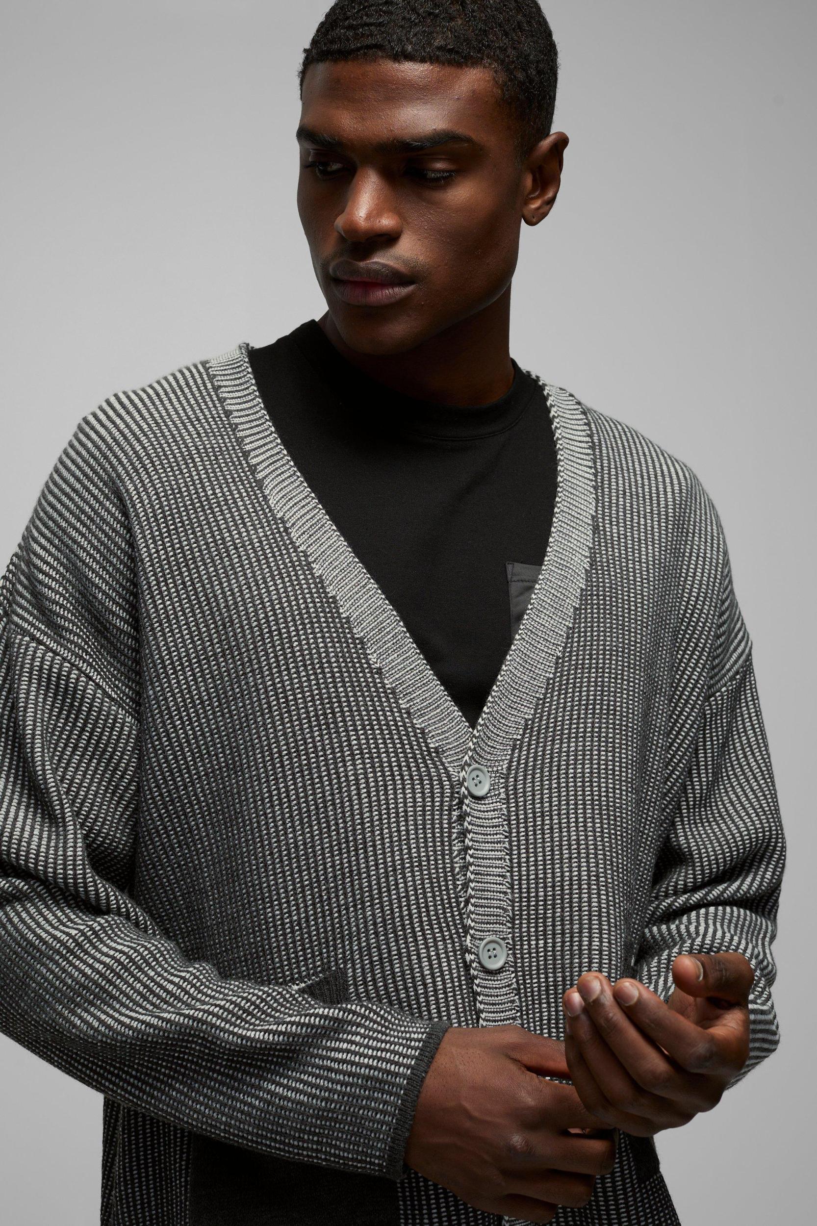 Oversized Boxy Dropped Shoulder Ribbed Contrast Knitted Cardigan | boohooMAN USA Product Image