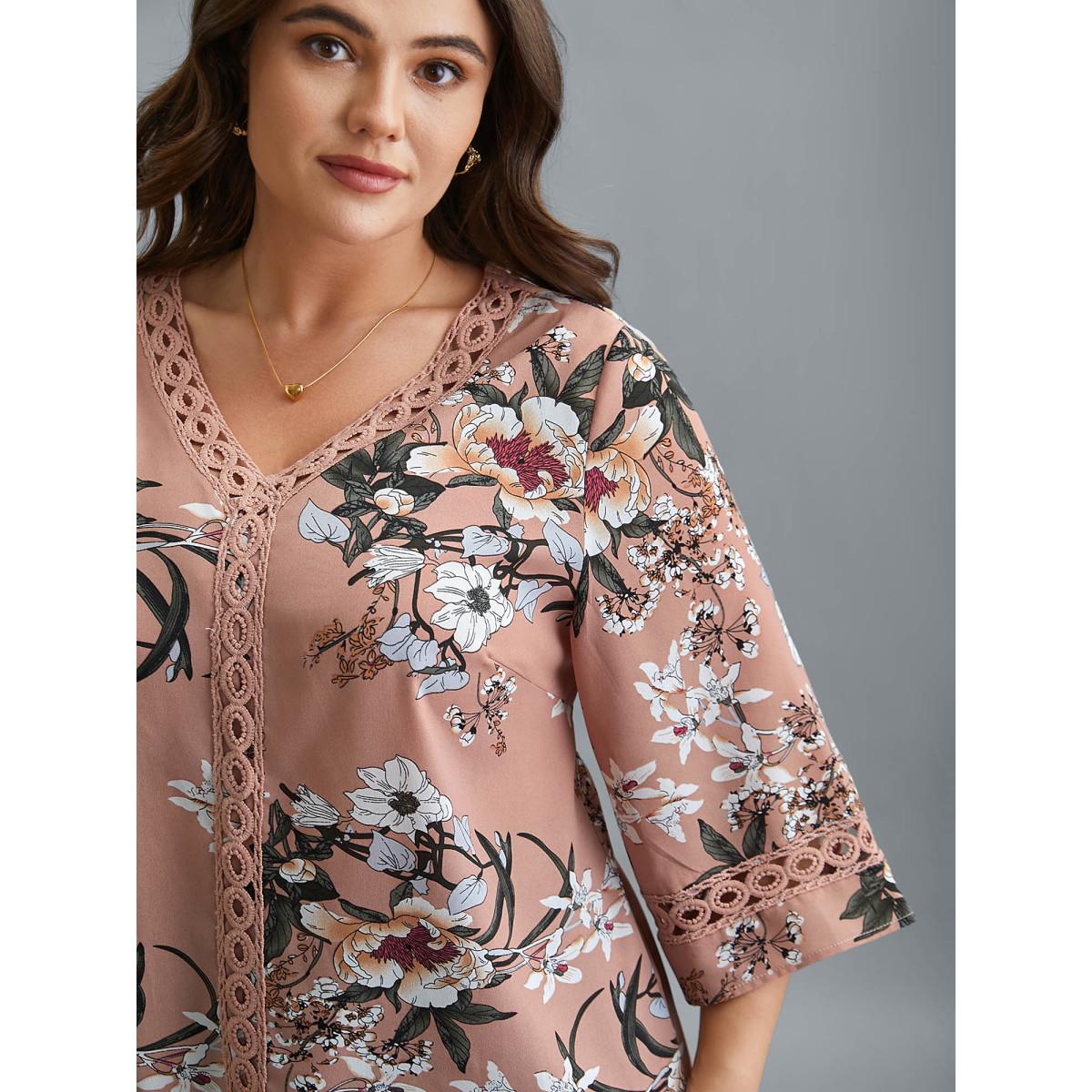 Plus Size Dirtypink Blooming Flower Print Webbing Spliced Blouse Women Elegant Elbow-length sleeve V-neck Everyday Blouses BloomChic 10/M Product Image