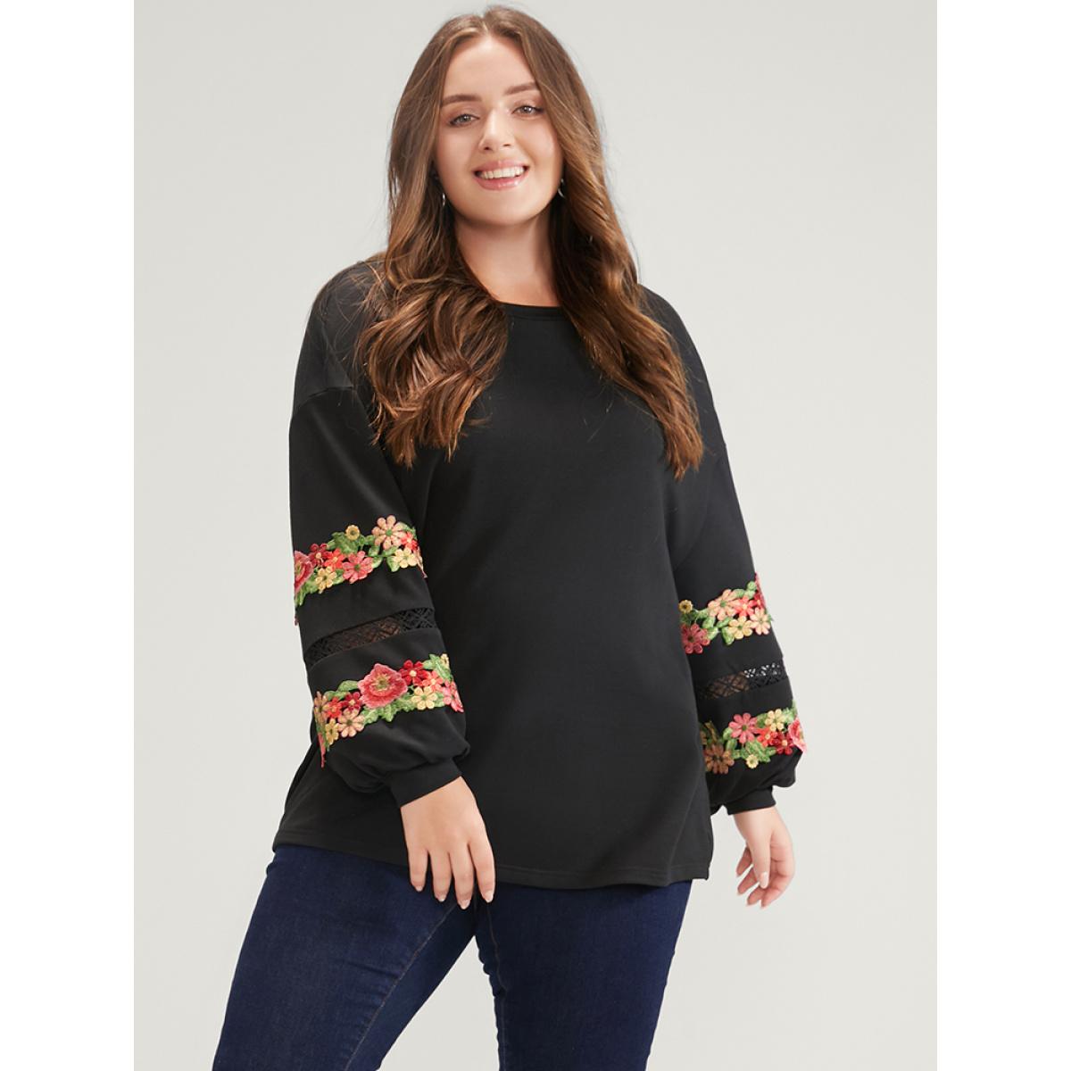 Plus Size Solid Floral Embroidered Contrast Lace Sweatshirt Women Black Elegant Patchwork Round Neck Dailywear Sweatshirts BloomChic 14-16/1X Product Image