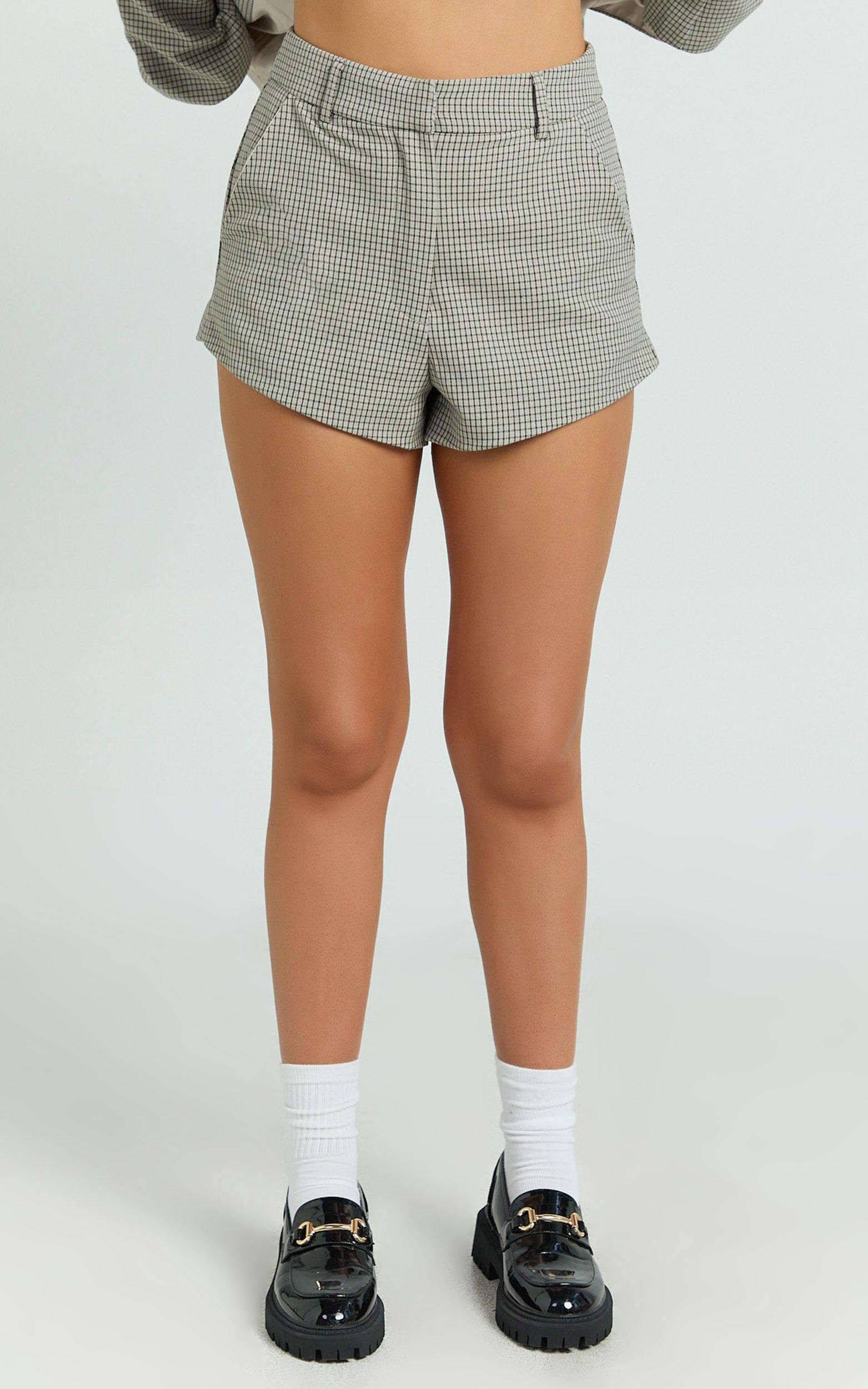 Angela Shorts - High Waist Micro Mini Shorts in Beige Check Product Image