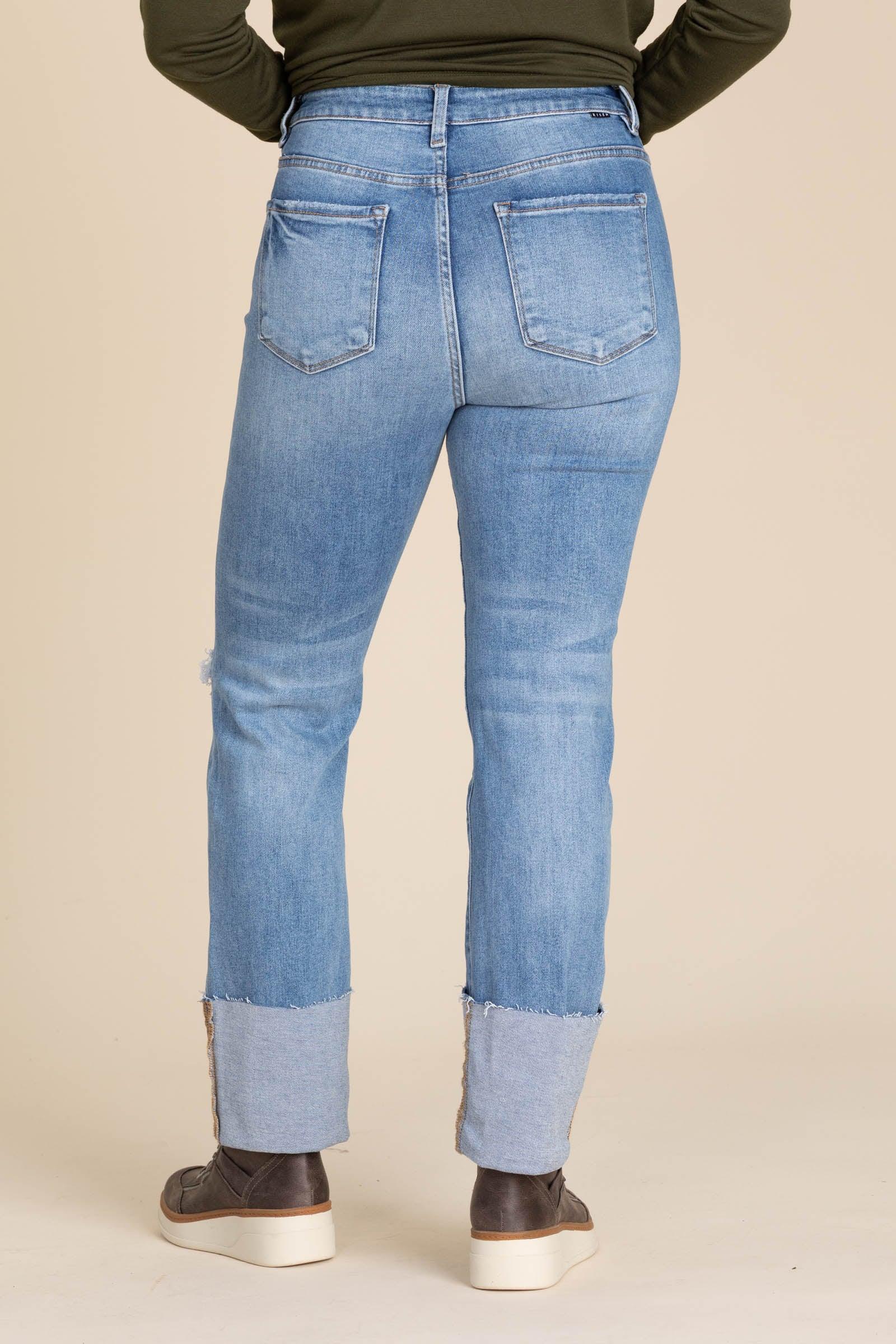 Risen Medium Wash Cuffed Straight Leg Jeans Product Image