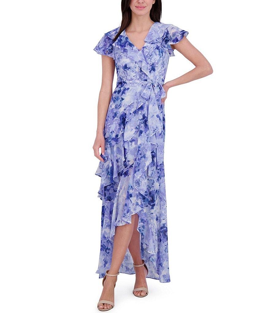 Eliza J Chiffon Floral Print V Neck Short Sleeve Ruffle Waist Tie A-Line Maxi Dress Product Image