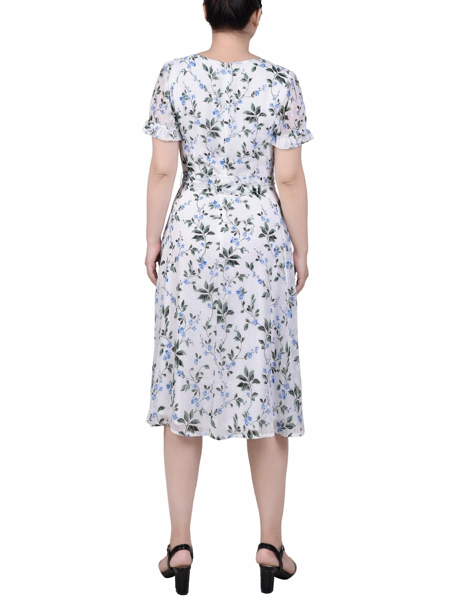 Ivory Blue Floral Short Sleeve Belted Swiss Dot Dress - Petite Product Image