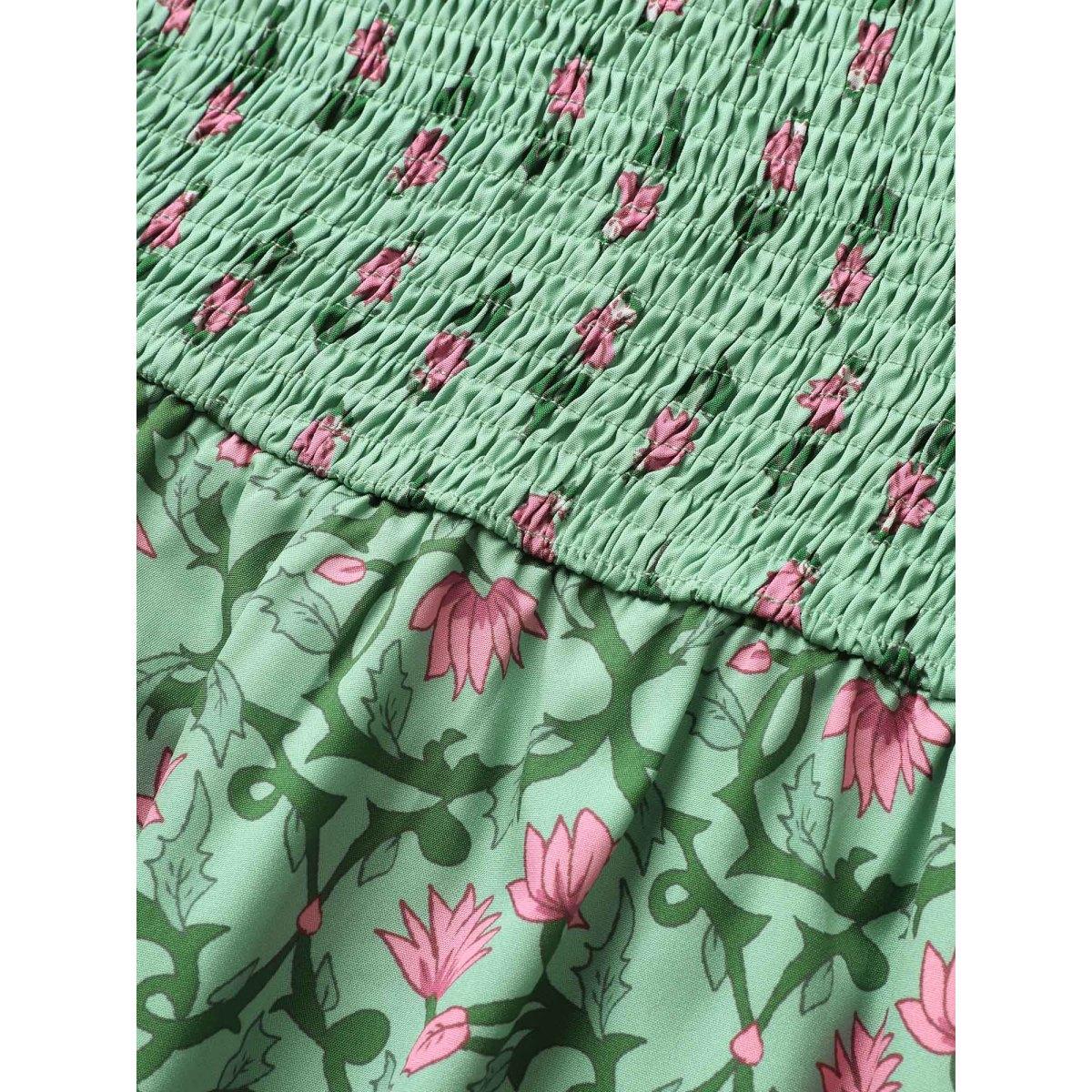 Plus Size Boho Print Shirred Ruffle Cap sleeve Dress Palemauve Women Resort Shirred V-neck Cap Sleeve Curvy BloomChic 22-24/3X Product Image