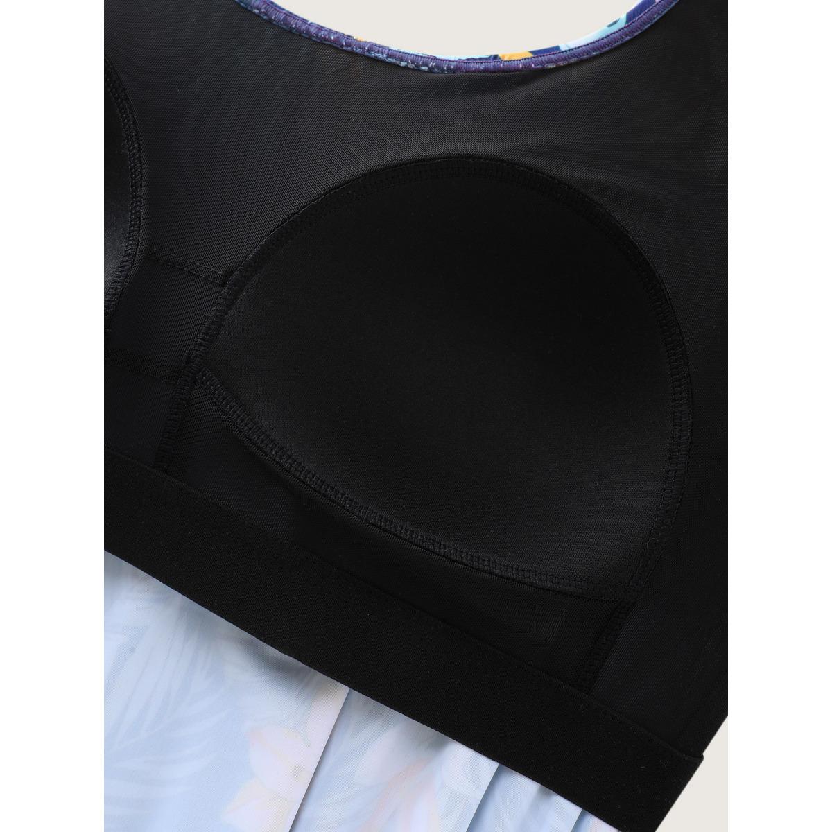 Plus Size Tropical Flower Print Pockets One-Piece Swimsuit Women's Swimwear DarkBlue Resort Gathered Curve Bathing Suits High stretch One Pieces BloomChic 22-24/3X Product Image