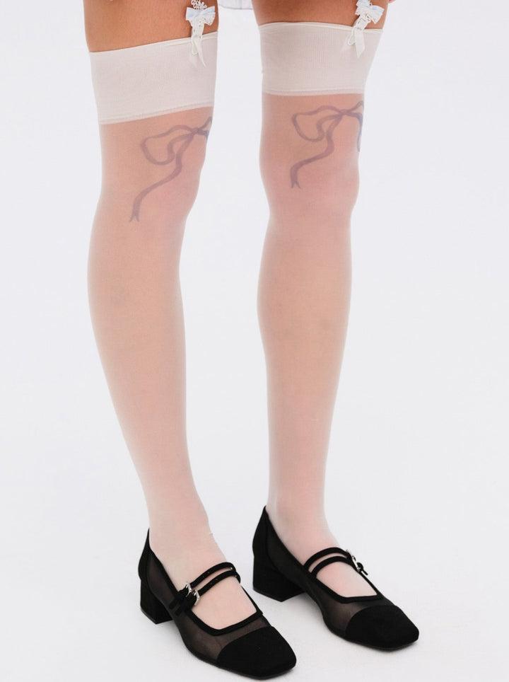 Bow Printed Thigh-High Socks — White Product Image