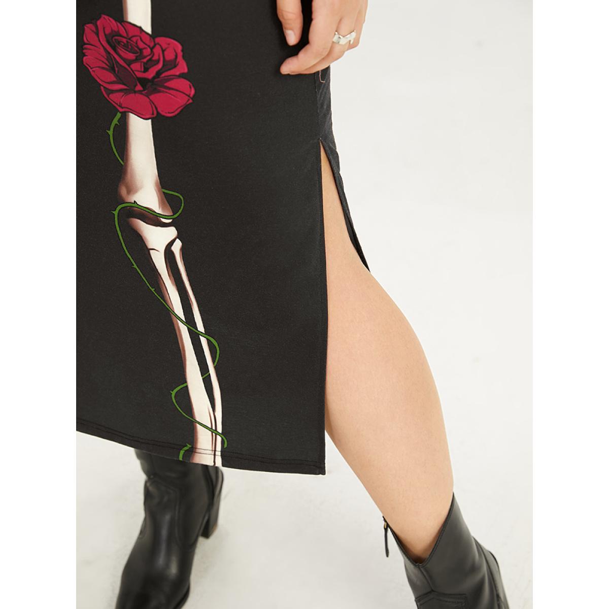 Plus Size Halloween Mock Neck Skull Print Split Hem Dress Black Women Casual Printed Mock Neck Long Sleeve Curvy Midi Dress BloomChic 18-20/2X Product Image