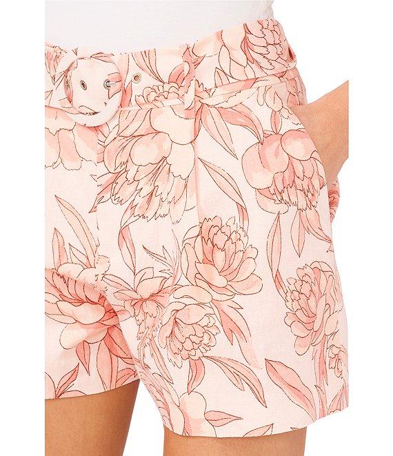 CeCe Floral Print High Waisted Linen Blend Belted Pleated Shorts Product Image