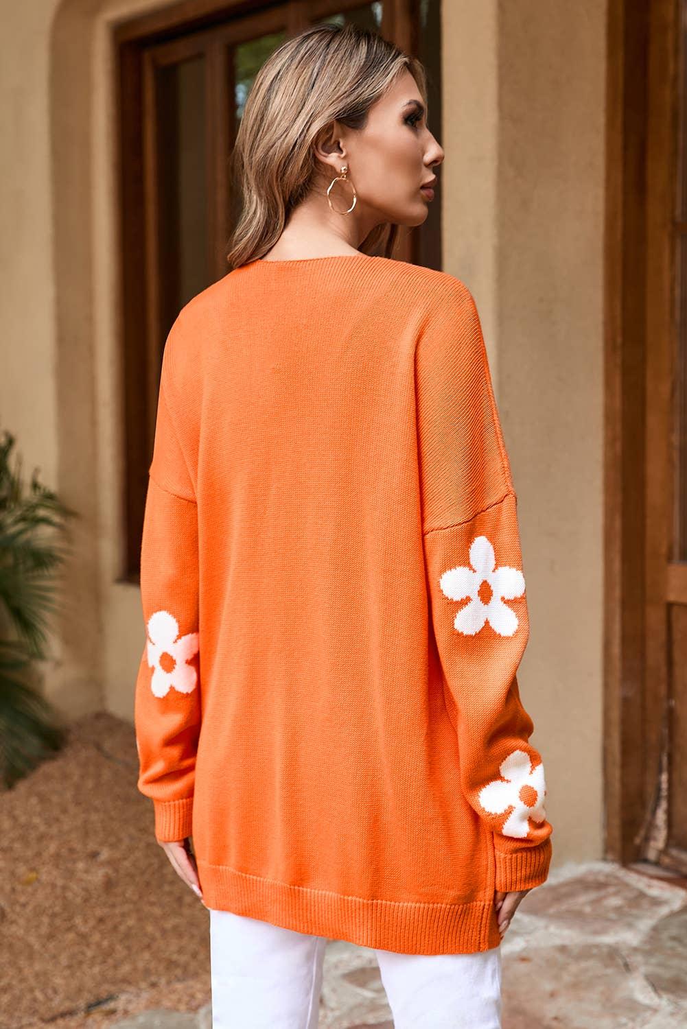 Floral Print Knitted Open Front Loose Cardigan: Orange Product Image