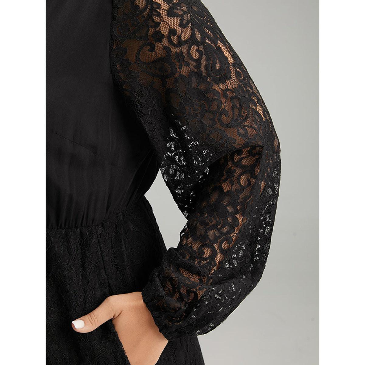 Plus Size Lace Panel Mesh Flutter Hem Dress Black Women Elegant Elastic cuffs V-neck Long Sleeve Curvy Midi Dress BloomChic 14-16/1X Product Image