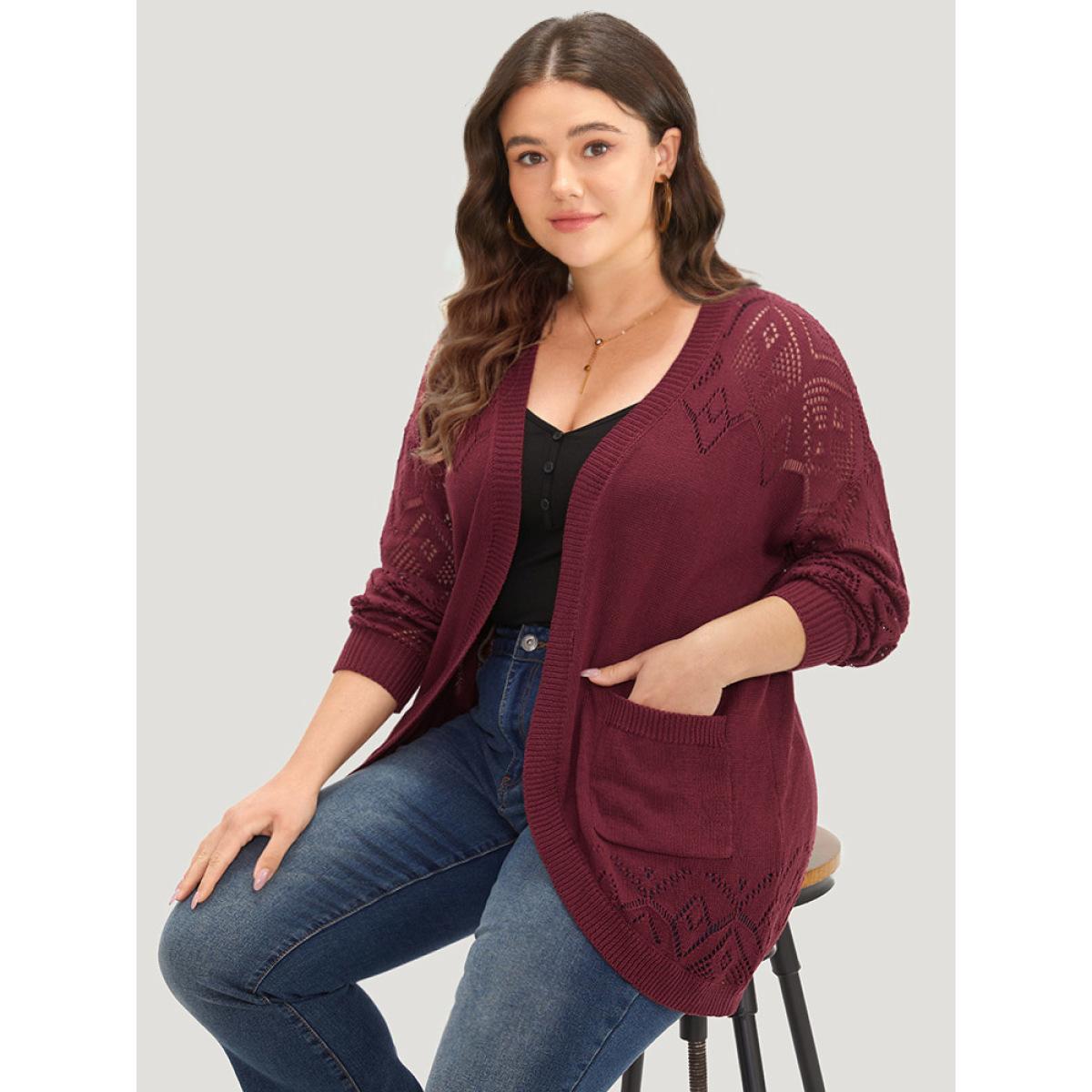 Plus Size Plain Patched Pocket Curved Hem Cardigan Burgundy Women Casual Long Sleeve Dailywear Cardigans BloomChic 28/5X Product Image