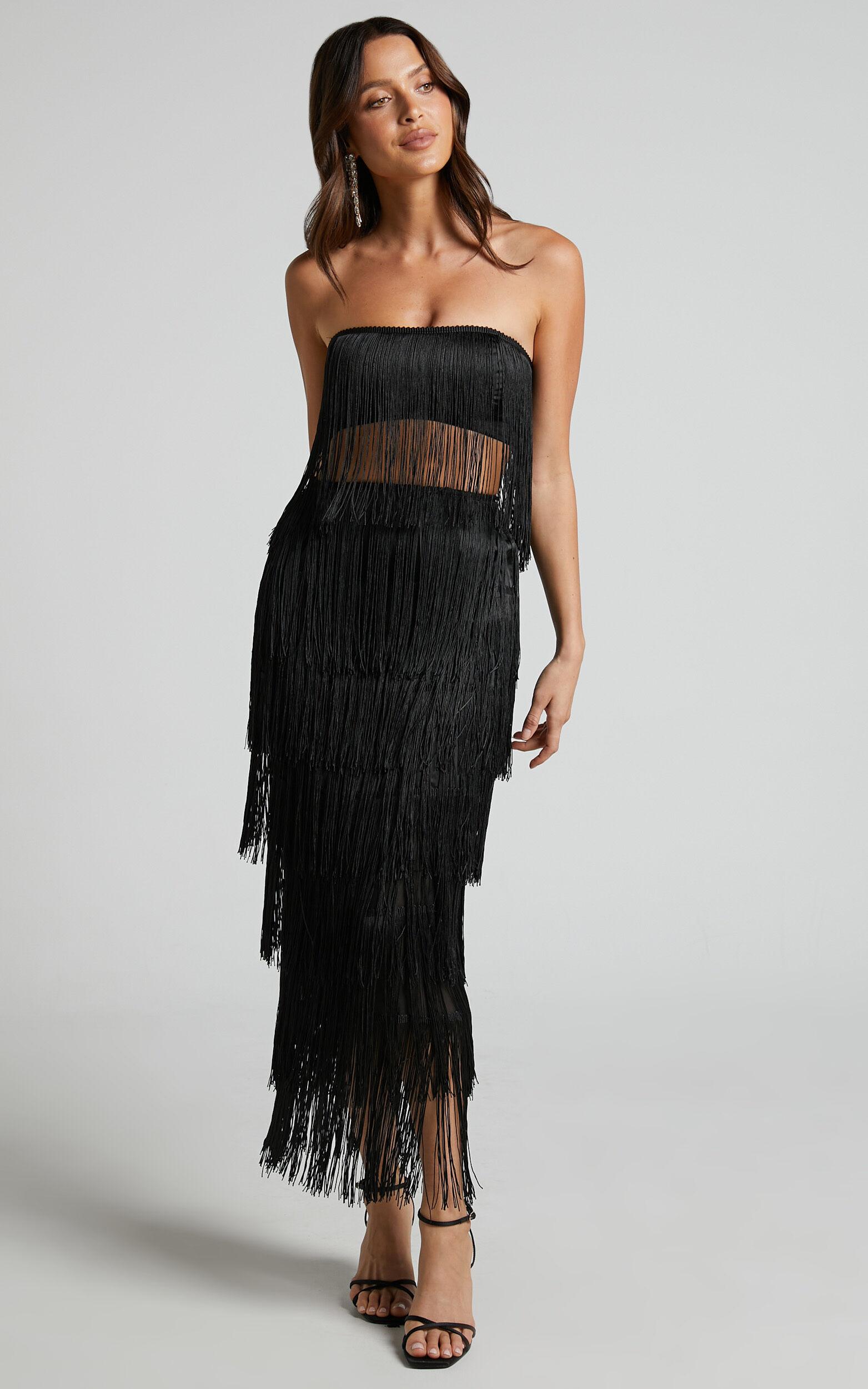 Amalee Two Piece Set - Fringe Strapless Crop Top and Midi Skirt Set in Black Product Image