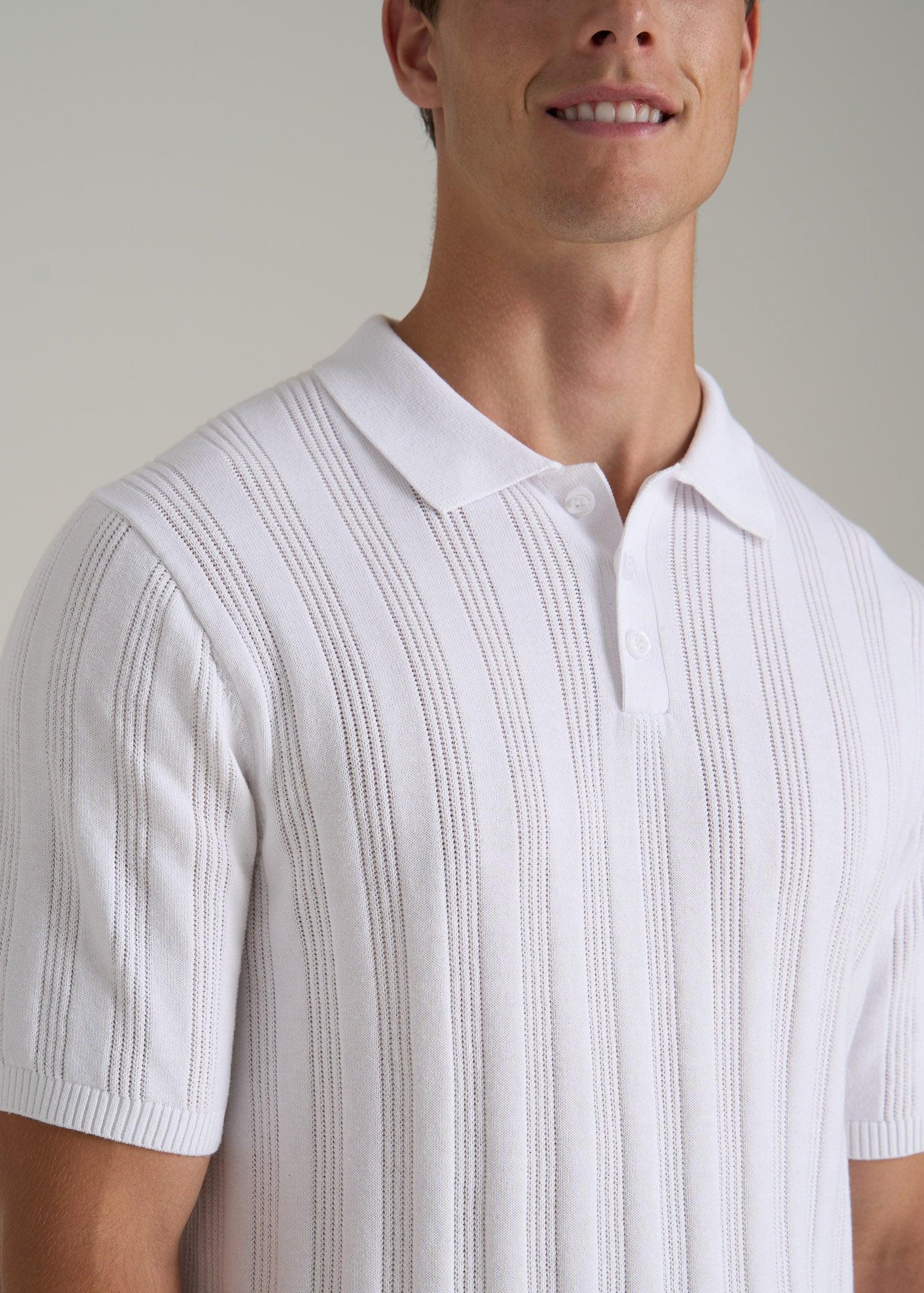 Ribbed Textured Knit Tall Men's Polo Shirt in White Product Image