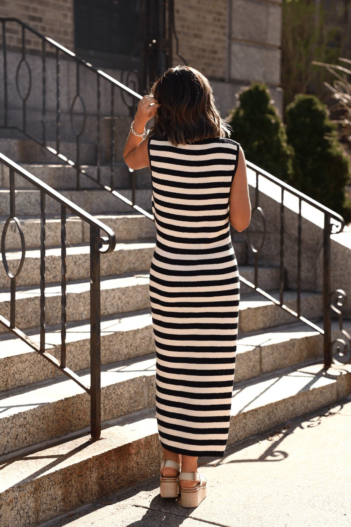 Sleeveless Black and Beige Striped Midi Dress - FINAL SALE Product Image