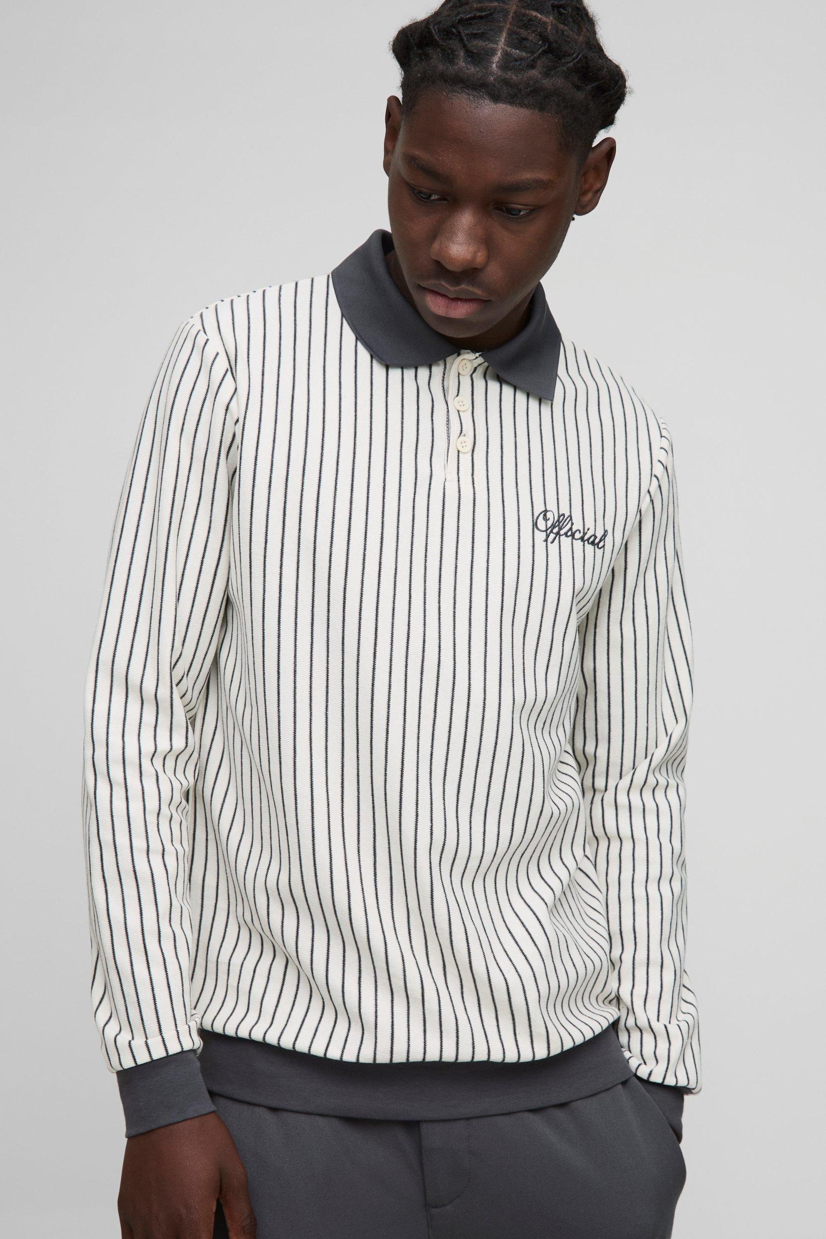 Regular Fit Long Sleeve Stripe Embroidered Rugby Polo | boohooMAN USA Product Image