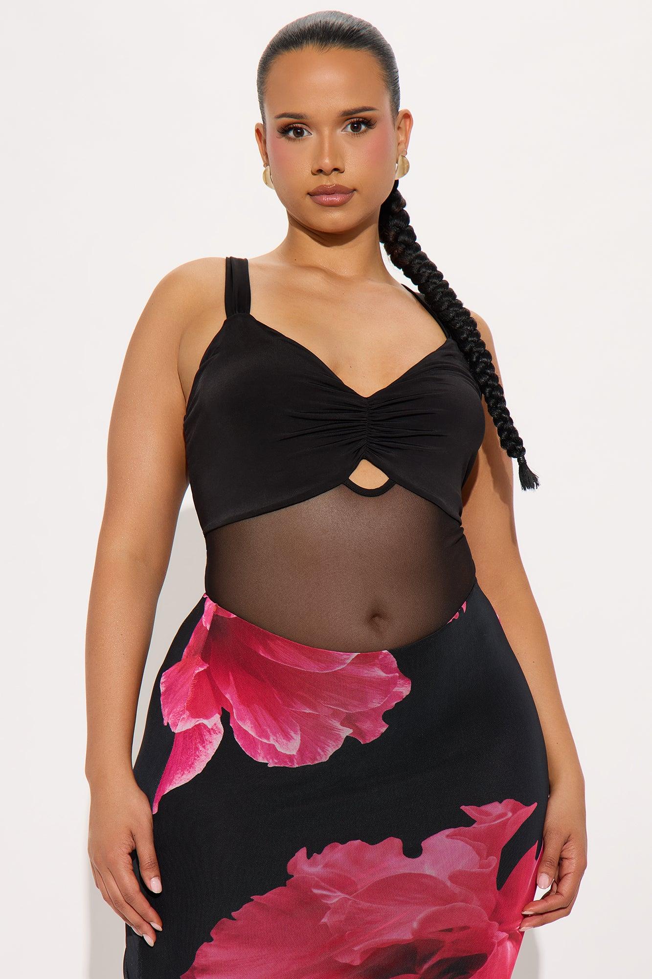 Alluring Mesh Cut Out Ruched Bodysuit - Black Product Image