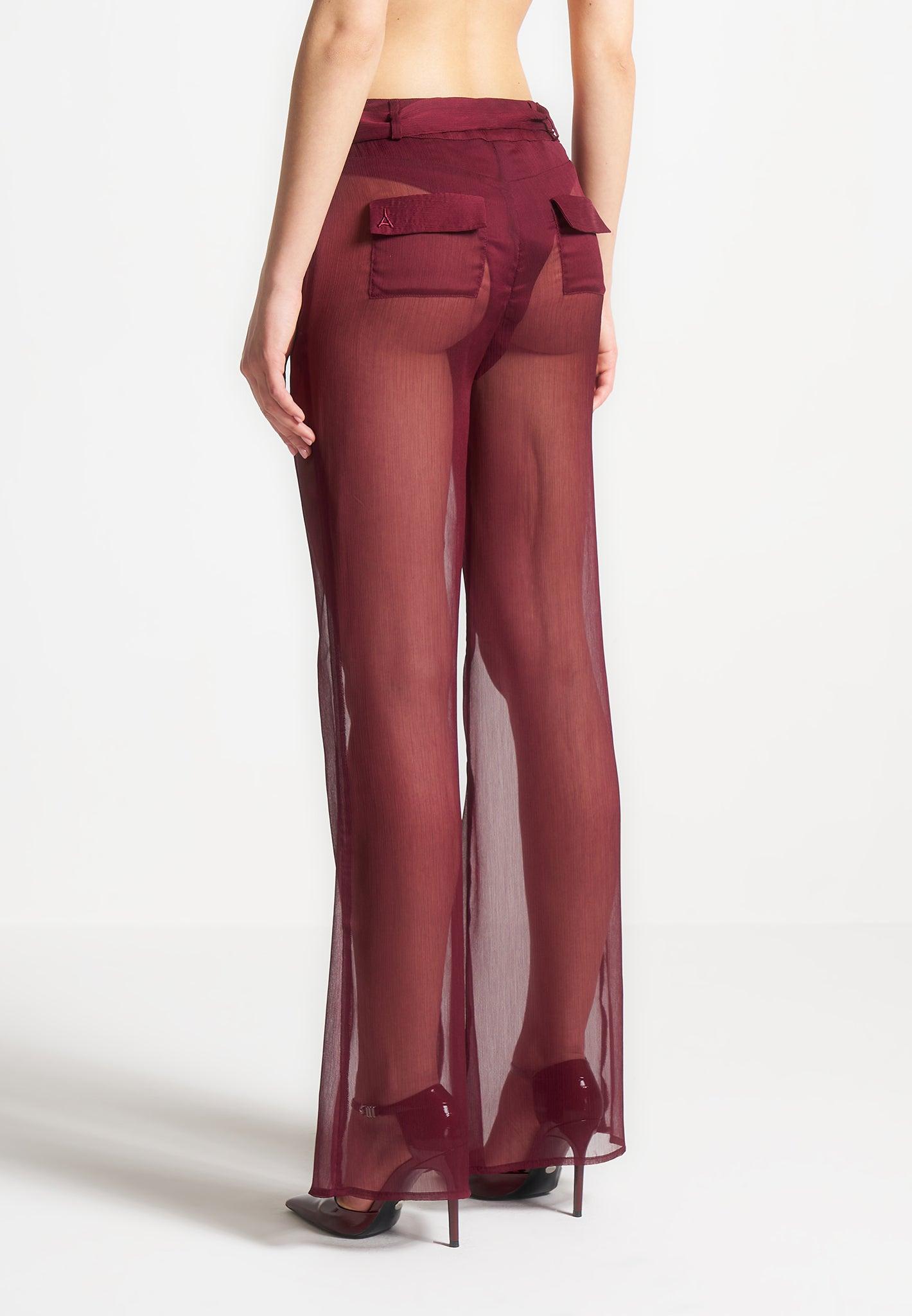Sheer Belted Trousers - Wine Red Female Product Image