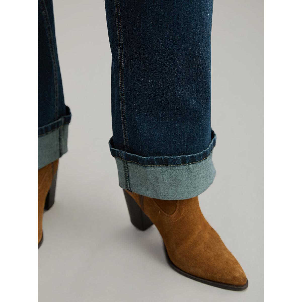 Plus Size Straight Leg Pocket Roll Hem Jeans Women Indigo Casual Plain Plain High stretch Pocket Jeans BloomChic 14/1X Product Image