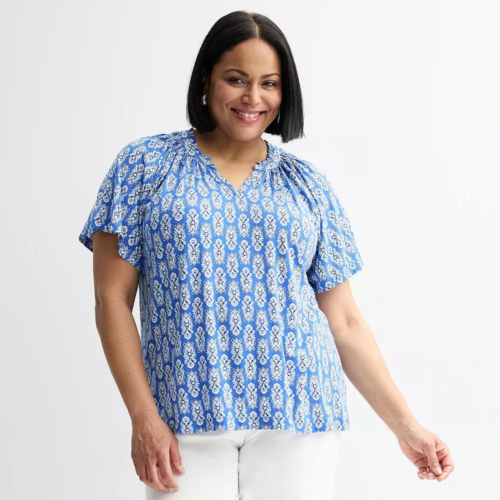 Plus Size Croft & Barrow® Smocked Raglan Top, Women's, Size: 0X, Blue Soft Tile Product Image
