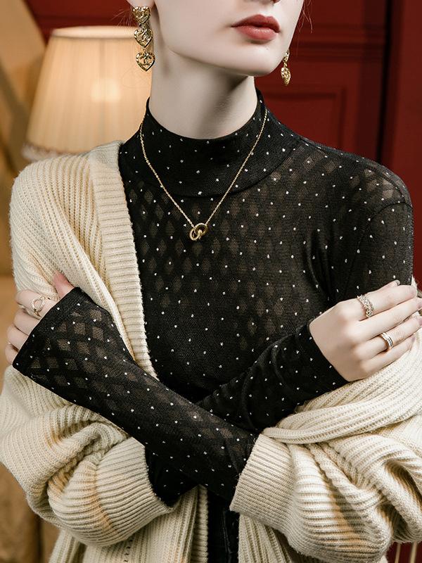 Long Sleeves Plus Size Rhine Stones See-Through Split-Joint Mock Neck T-Shirts Tops Product Image