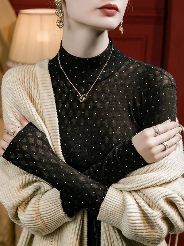 Long Sleeves Plus Size Rhine Stones See-Through Split-Joint Mock Neck T-Shirts Tops Product Image