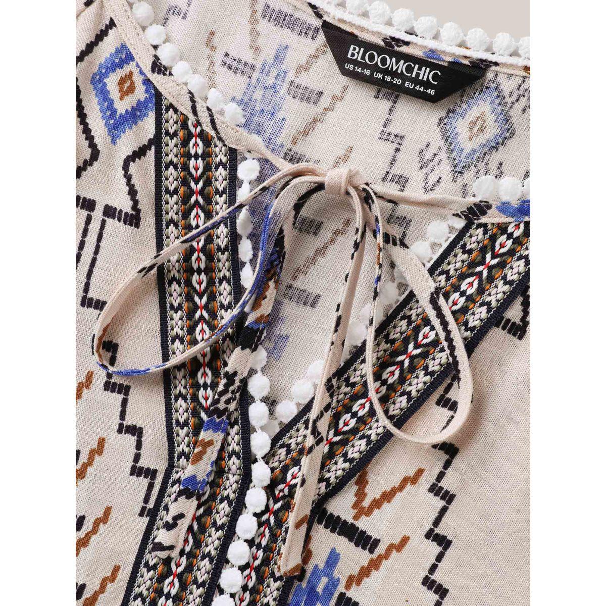 Plus Size Multicolor Boho Print Lace Detail Neck Tie Blouse Women Elbow-length sleeve Notched collar Vacation Blouses BloomChic 26/4X Product Image