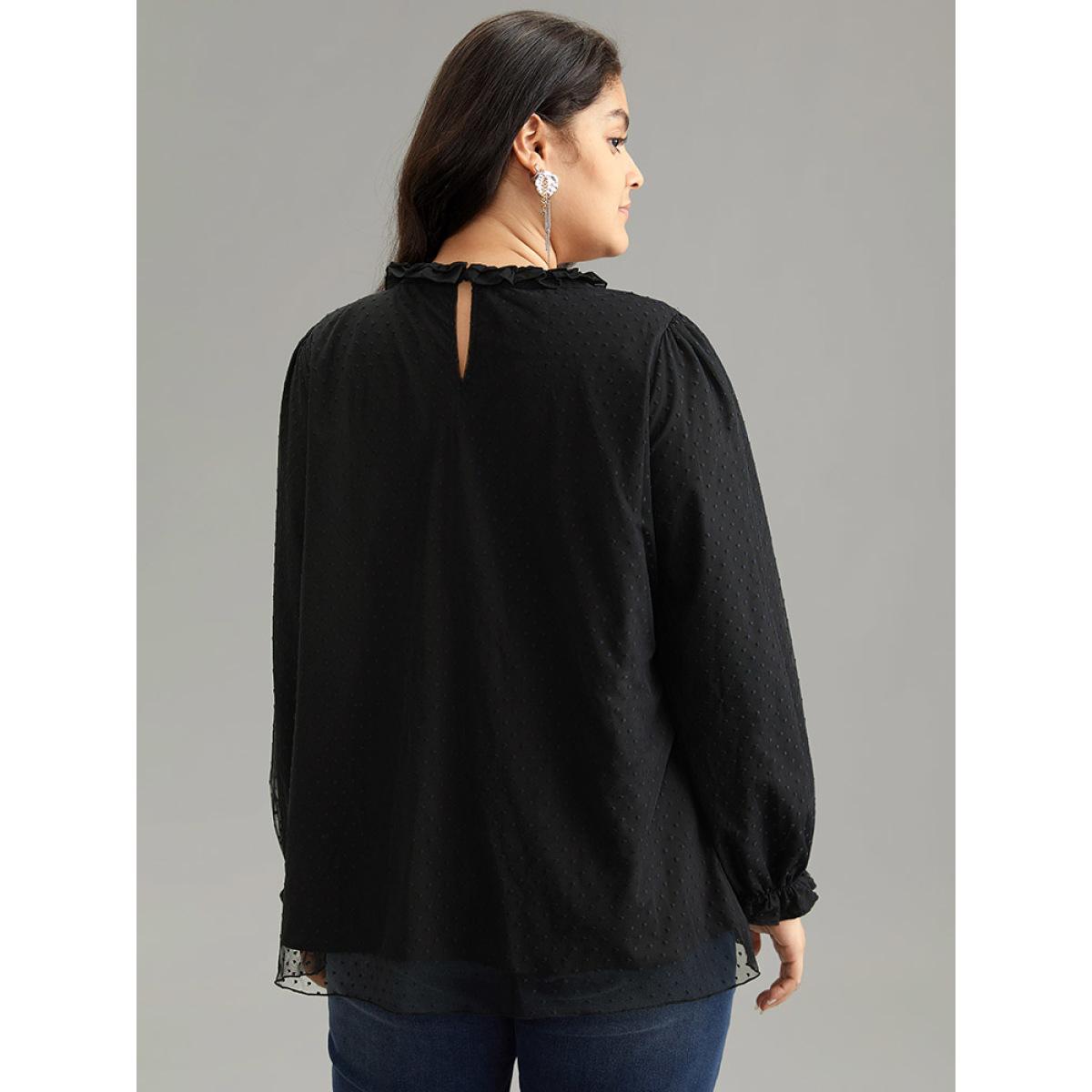 Plus Size Black Solid Ruffles Lace Patchwork Lantern Sleeve Blouse Women Glamour Long Sleeve Round Neck Going out Blouses BloomChic 14-16/1X Product Image
