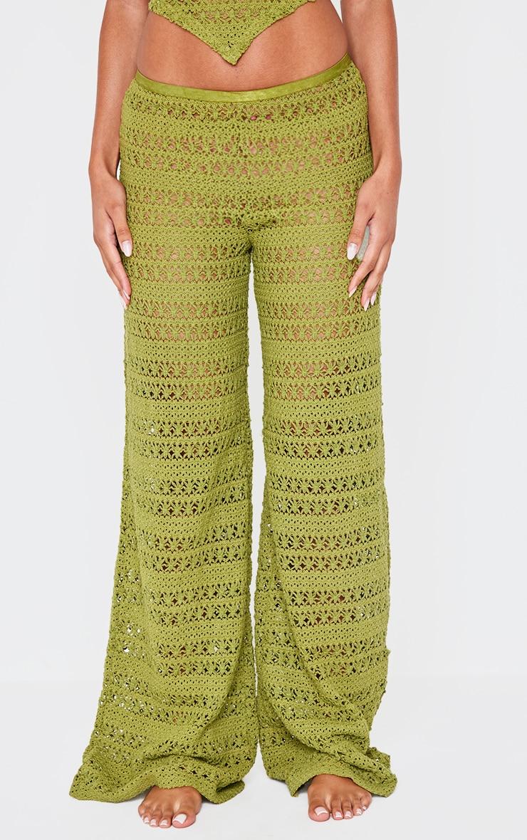Khaki Crochet Wide Leg Dipped Hem Beach Pants Product Image