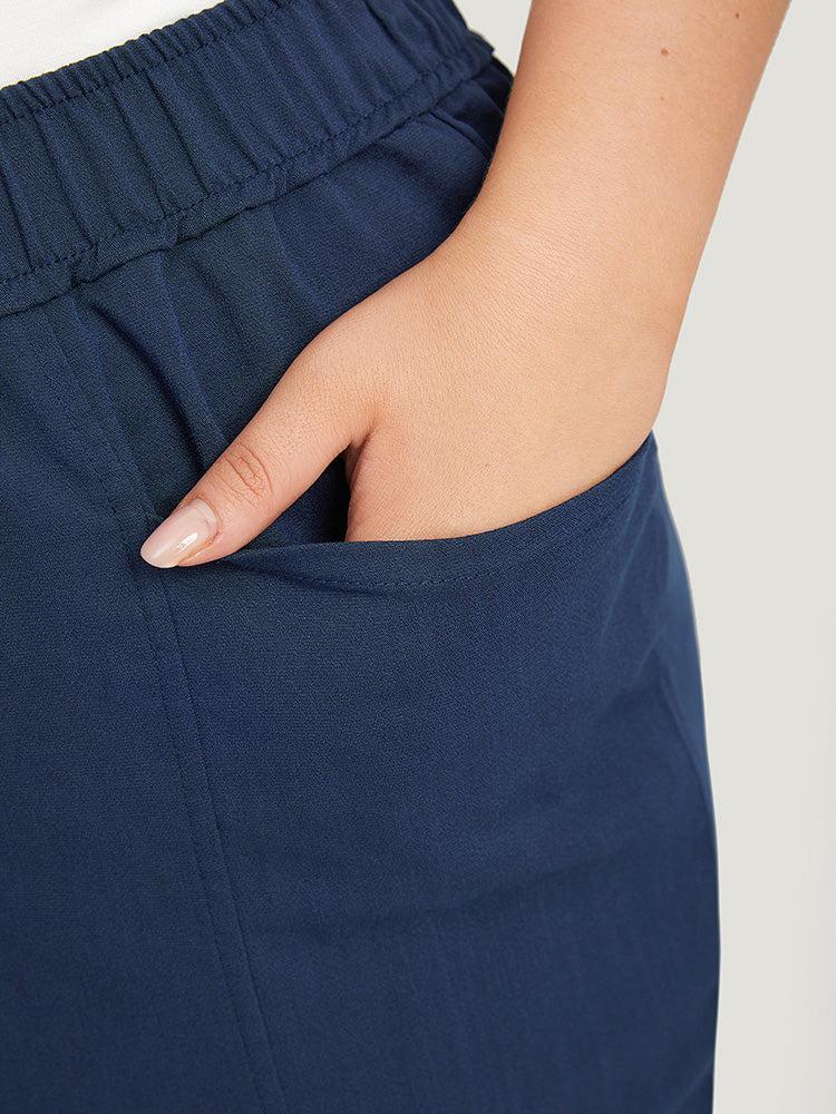 Solid Elastic Waist Pocket High Rise Pants Female Product Image