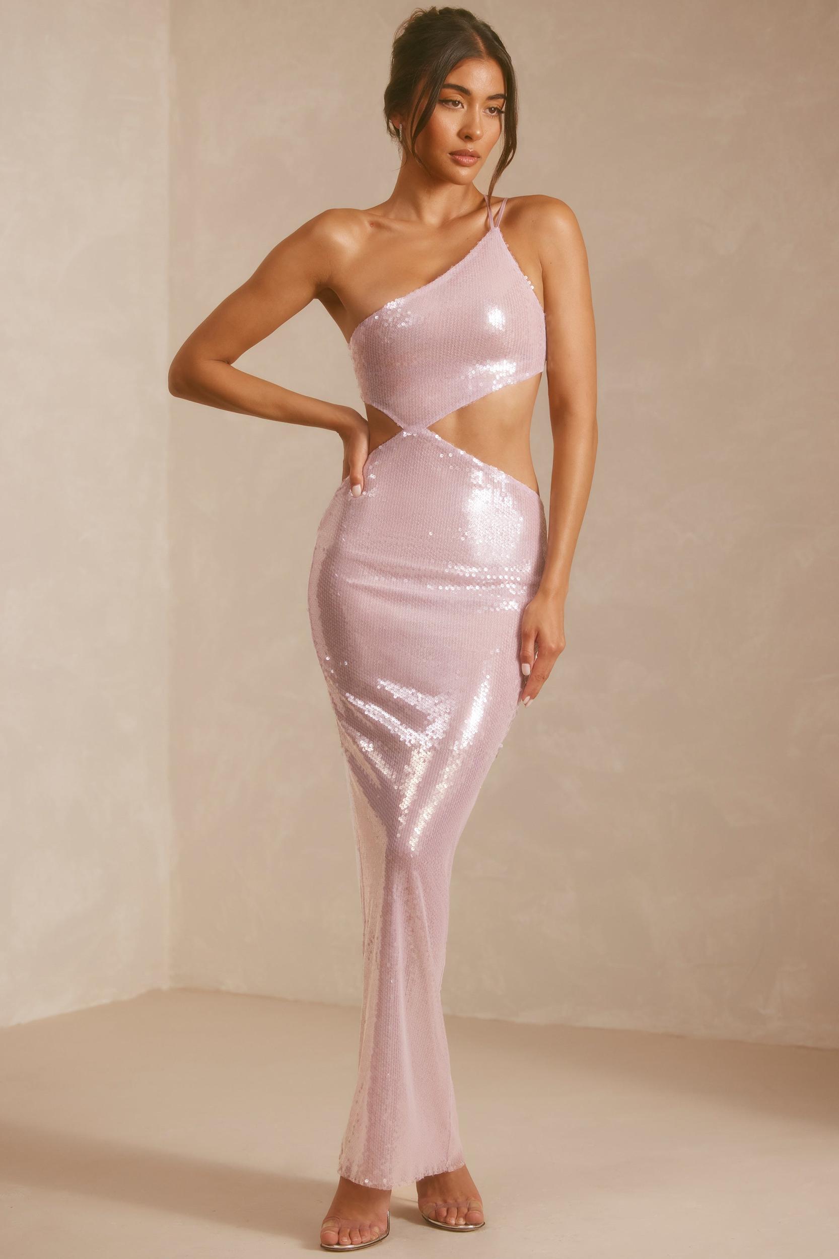 Sheer Sequin One Shoulder Cut Out Maxi Dress in Lilac Product Image
