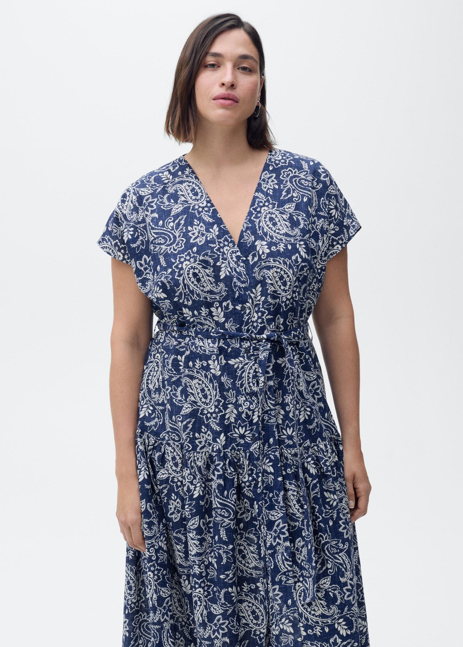 Paisley flared dress with belt - Women | MANGO USA Product Image