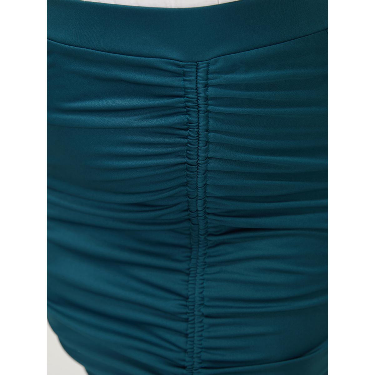 Plus Size Plain Ruched Bodycon Split Hem Skirt Women Cyan Office Plain Bodycon No stretch Work Skirts BloomChic 10/M Product Image