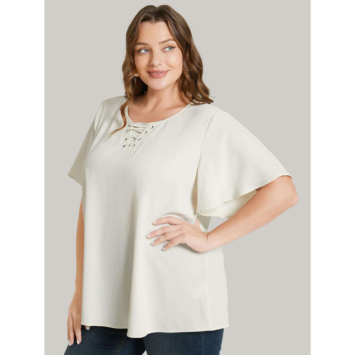 Plus Size Ivory Solid Ruffle Sleeve Crisscross Neck Blouse Women Office Short sleeve Round Neck Work Blouses BloomChic 30/6X Product Image