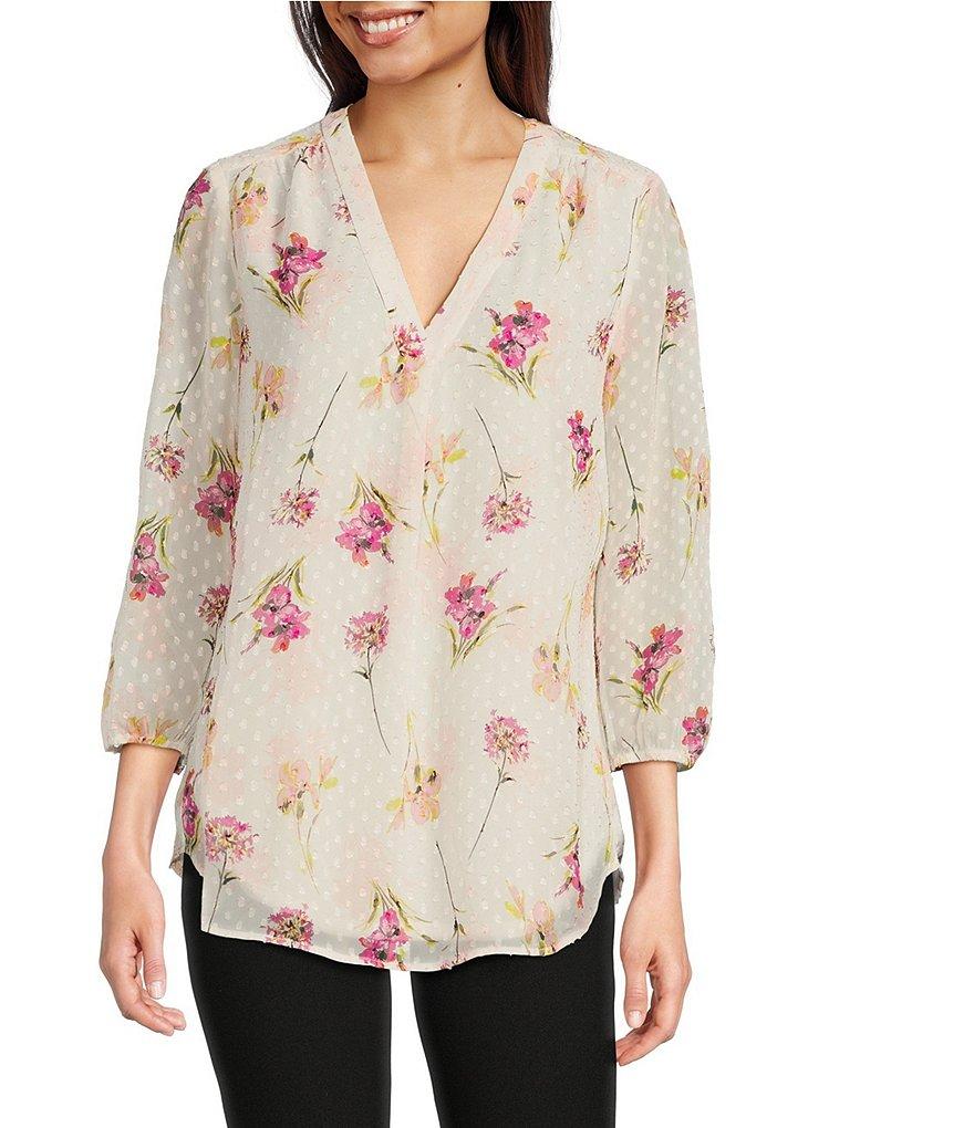 Jones New York Clip Dot Chiffon Floral Printed V-Neck 3/4 Sleeve Tunic Product Image
