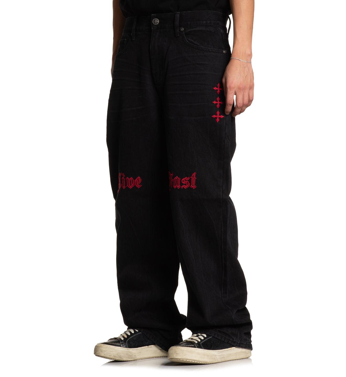 Wide Leg Live Fast Black Jeans Male Product Image