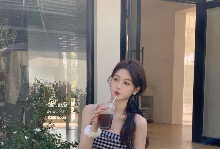 Maternity Open Front Plain Cardigan / Spaghetti Strap Plaid Midi A-Line Dress Product Image