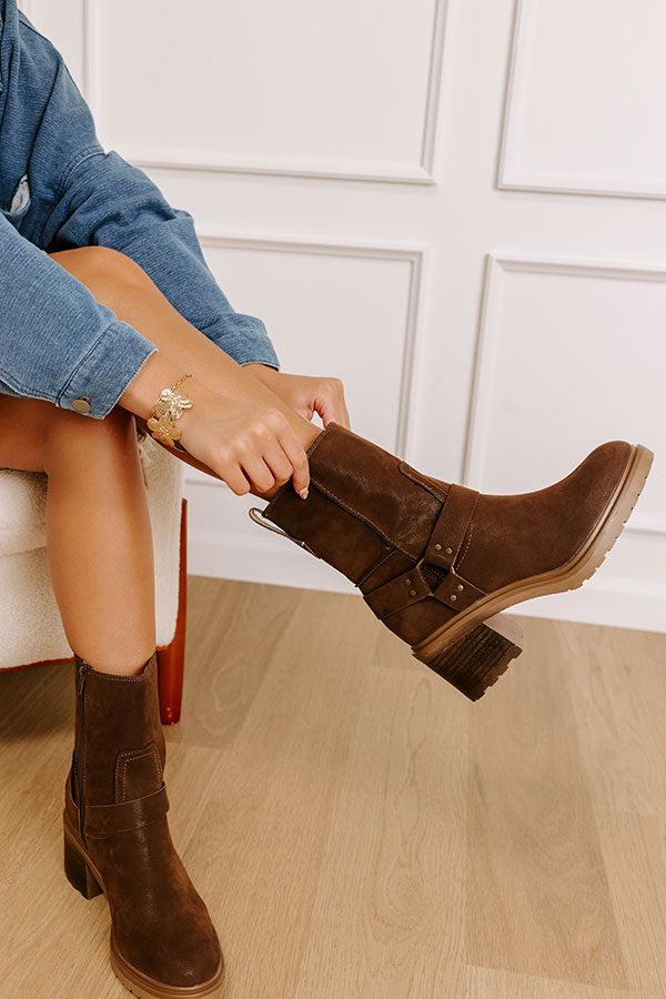 The Ember Faux Suede Moto Boot in Chestnut Product Image