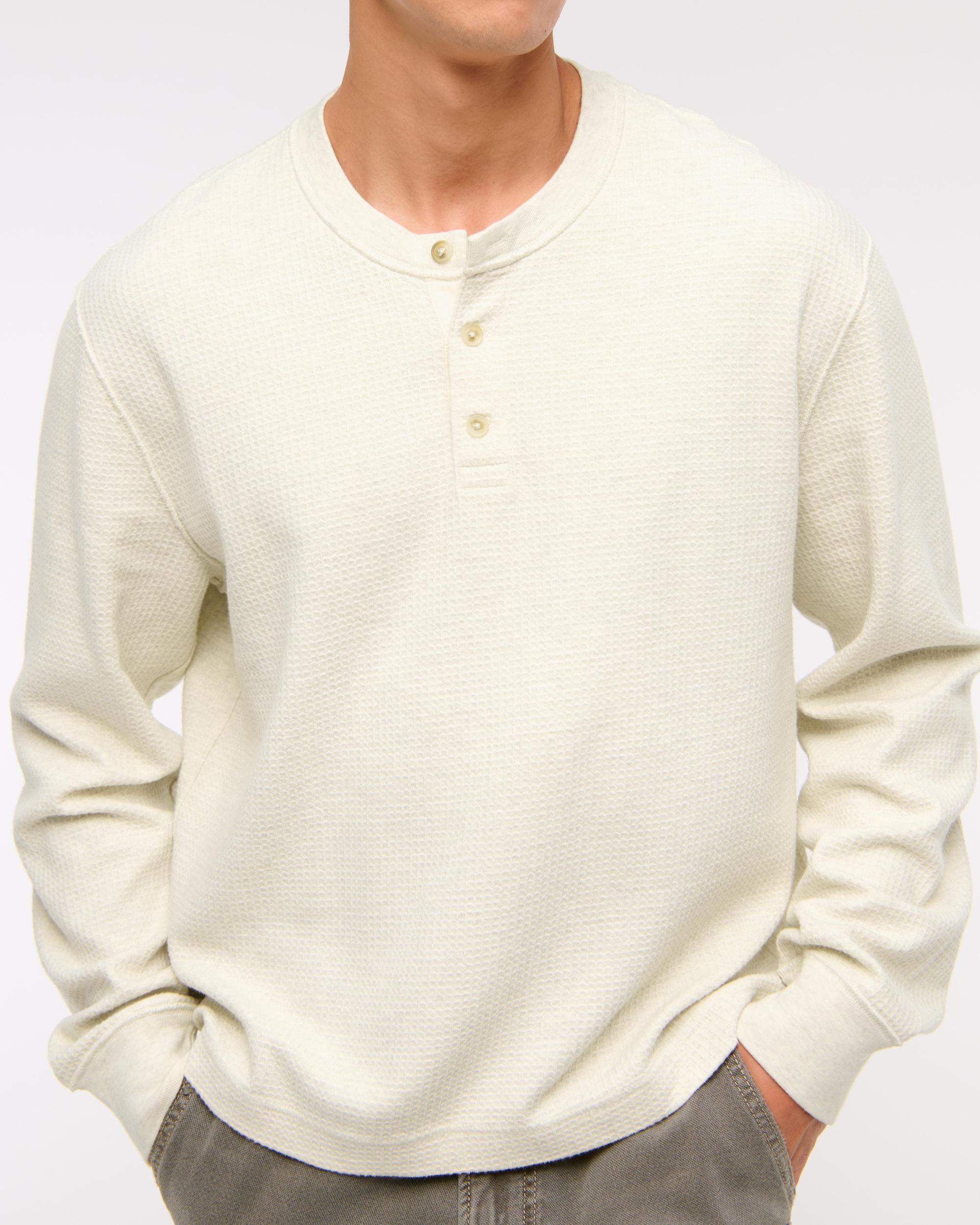 Long-Sleeve Grid Waffle Cropped Henley Product Image