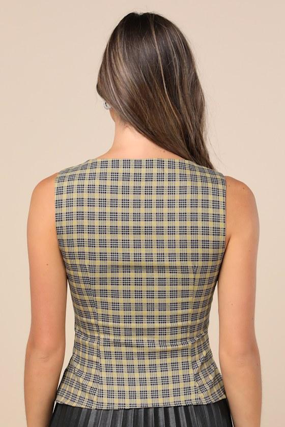 Ganita Yellow Plaid Scoop Neck Button-Front Sleeveless Vest Top Product Image