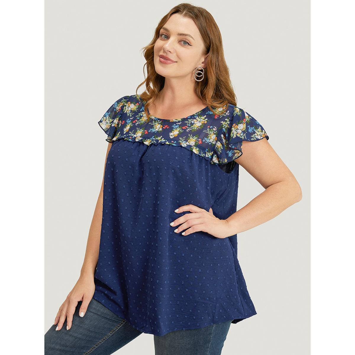 Plus Size Indigo Ditsy Floral Patchwork Ruffle Cap Sleeve Blouse Women Elegant Cap Sleeve Round Neck Dailywear Blouses BloomChic 28/5X Product Image