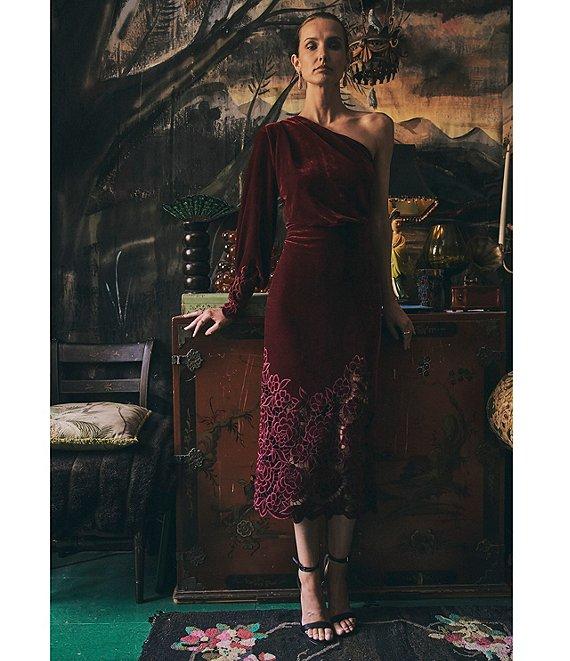 Layered with Love One Sleeve Laser Cut Floral Hem Velvet Midi Dress Product Image