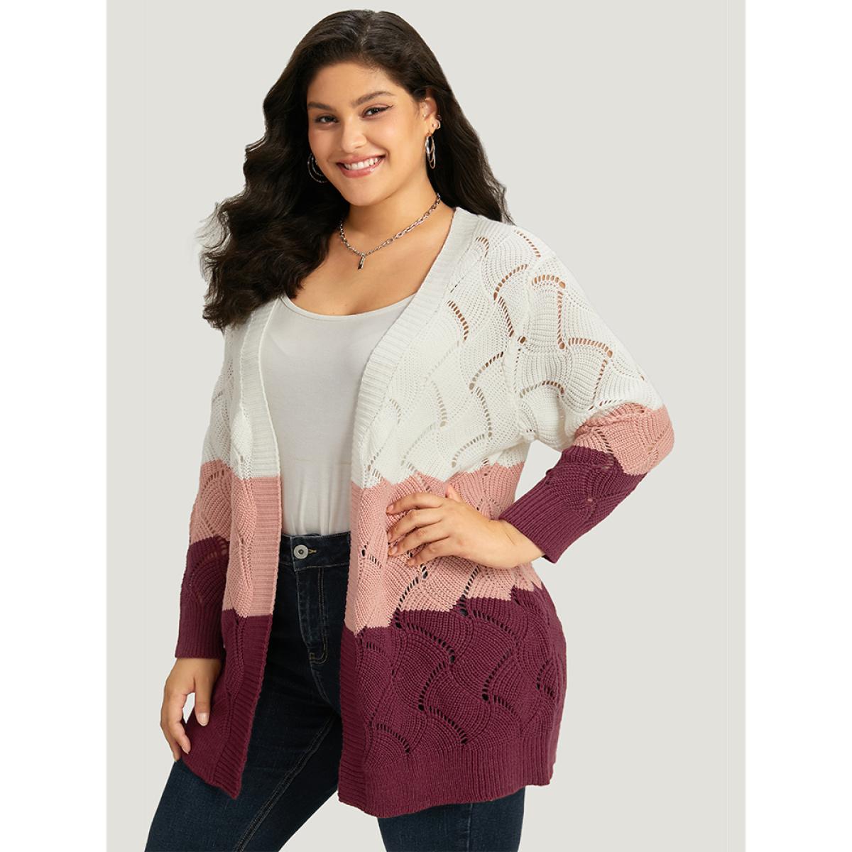 Plus Size Colorblock Contrast Open Front Eyelet Cardigan Multicolor Women Casual Loose Long Sleeve Dailywear Cardigans BloomChic 12/L Product Image