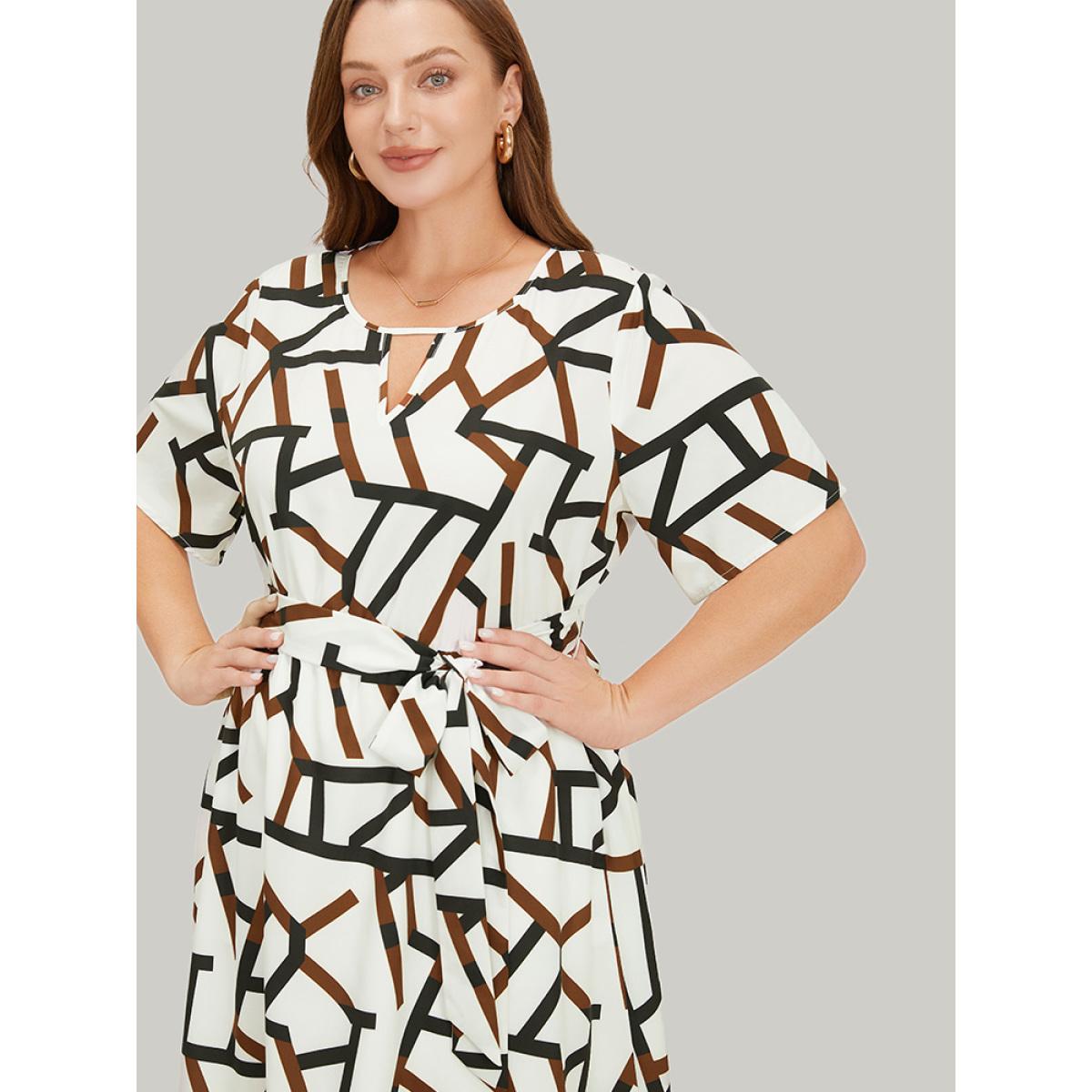 Plus Size Geometric Print Pocket Ruffles Keyhole Neck Dress Multicolor Women Office Lined Keyhole Cut-Out Short sleeve Curvy Midi Dress BloomChic 30/6X Product Image