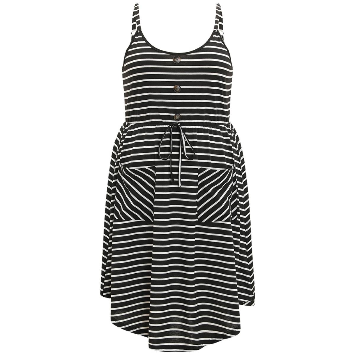 Plus Size Striped Button Detail Pocket Curved Hem Cami Dress Black Women Elegant Gathered Spaghetti Strap Sleeveless Curvy Midi Dress BloomChic 22-24/3X Product Image