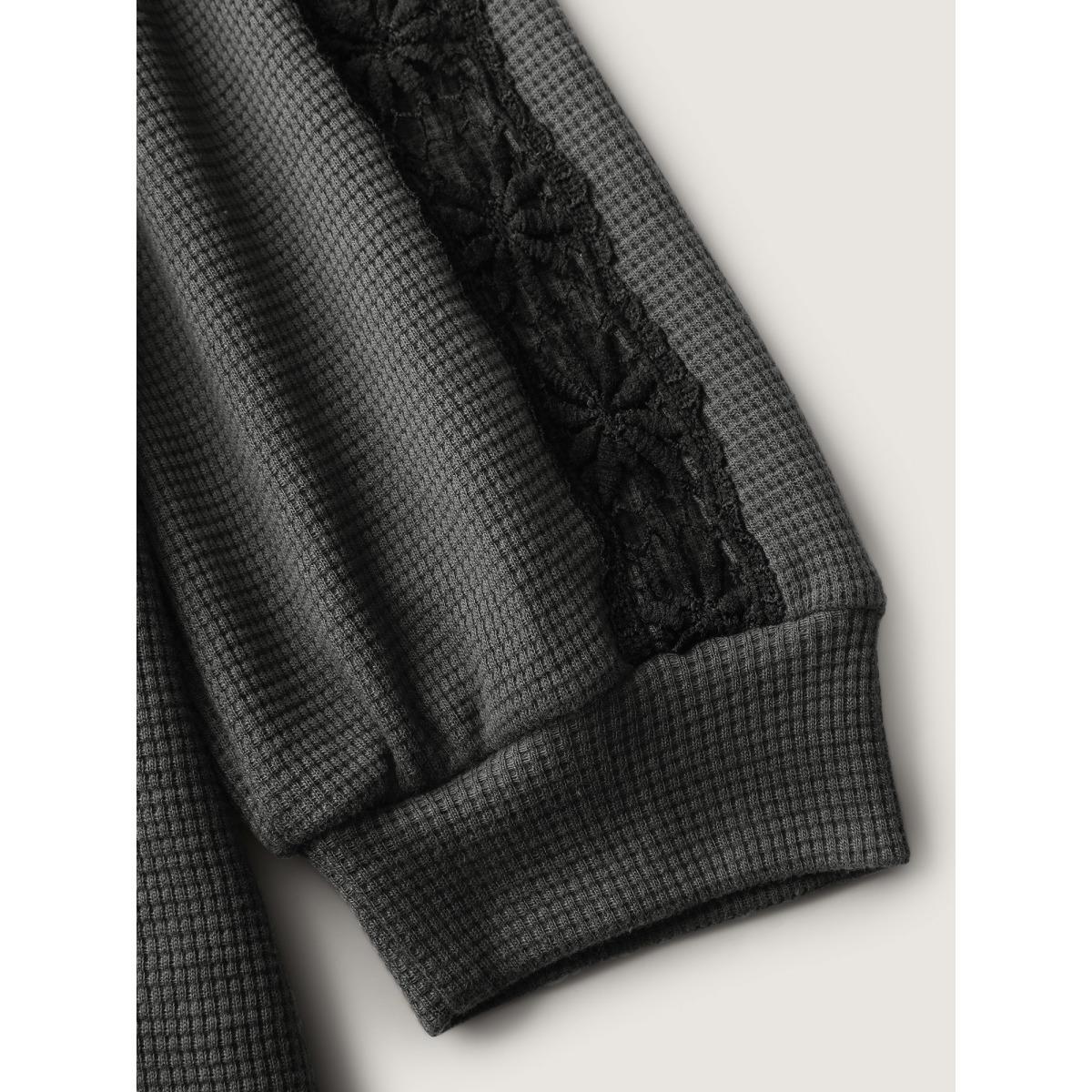 Plus Size Lace Trim Textured V-Neck T-Shirt DimGray Women Leisure Woven ribbon&lace trim V-neck Casual T-shirts BloomChic 22-24/3X Product Image