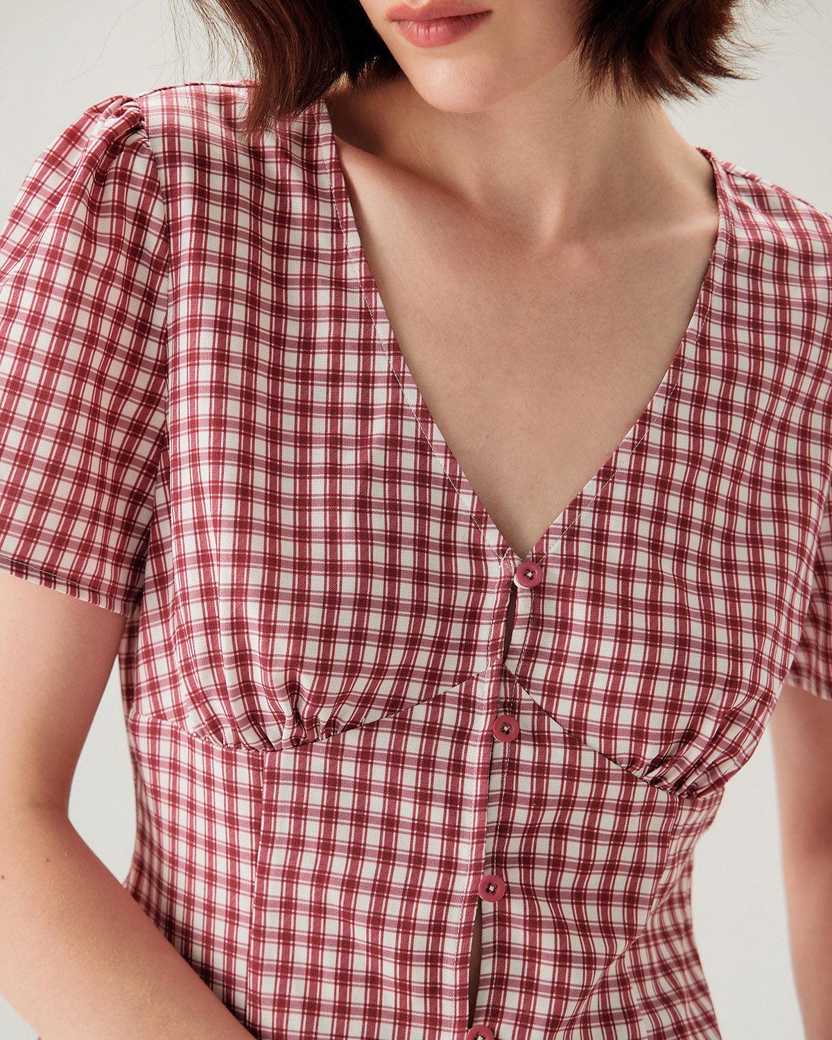 Red Plaid Puffed Sleeve V Neck Blouse Product Image