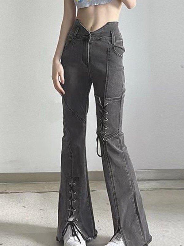 Lace Up Patchwork Slit Flare Jeans Product Image