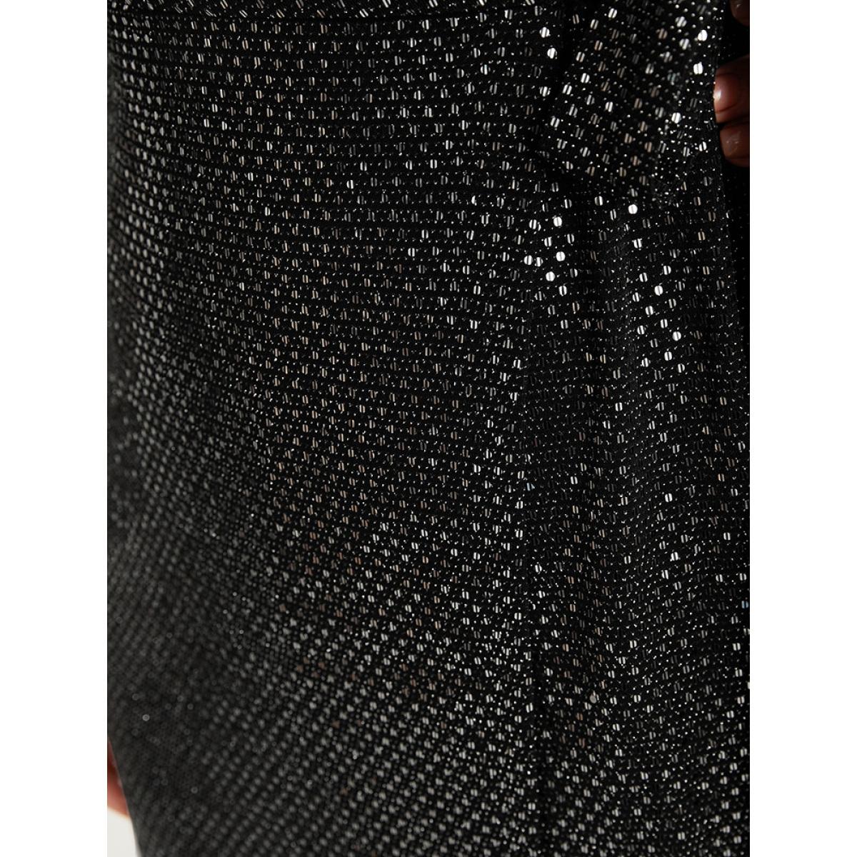 Plus Size Solid Sequin Knotted Side Wrap Lantern Sleeve Dress Black Women Party Knotted V-neck Long Sleeve Curvy Midi Dress BloomChic 26/4X Product Image