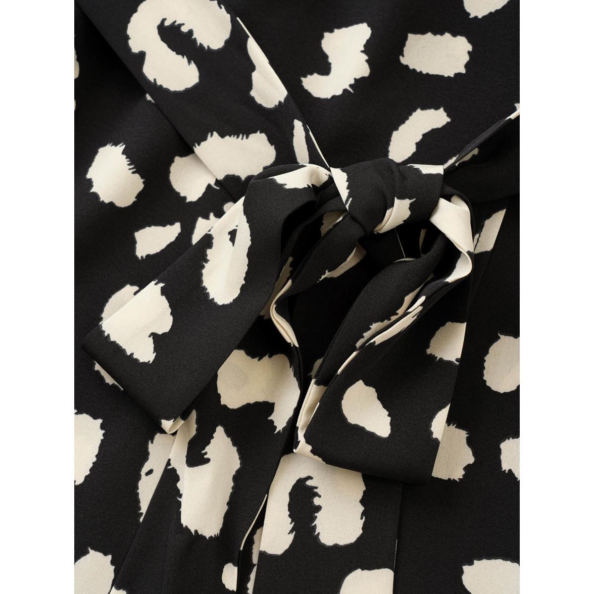 Plus Size Leopard Overlap Collar Elastic Waist Belted Dress Black Women At the Office Non Overlap Collar Elbow-length sleeve Curvy Midi Dress BloomChic 14-16/1X Product Image